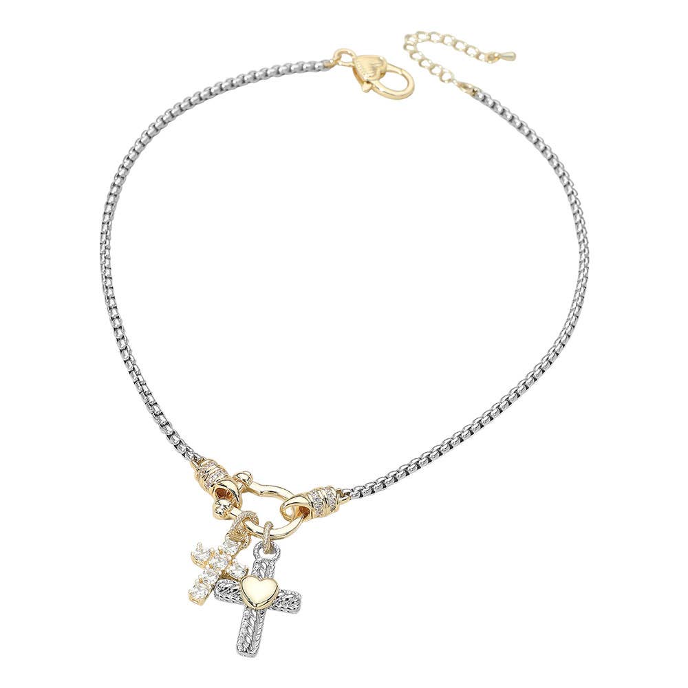 14K Gold Plated Stone Cross Two Tone Heart Cross Horsebit Carabiner Charm Necklace