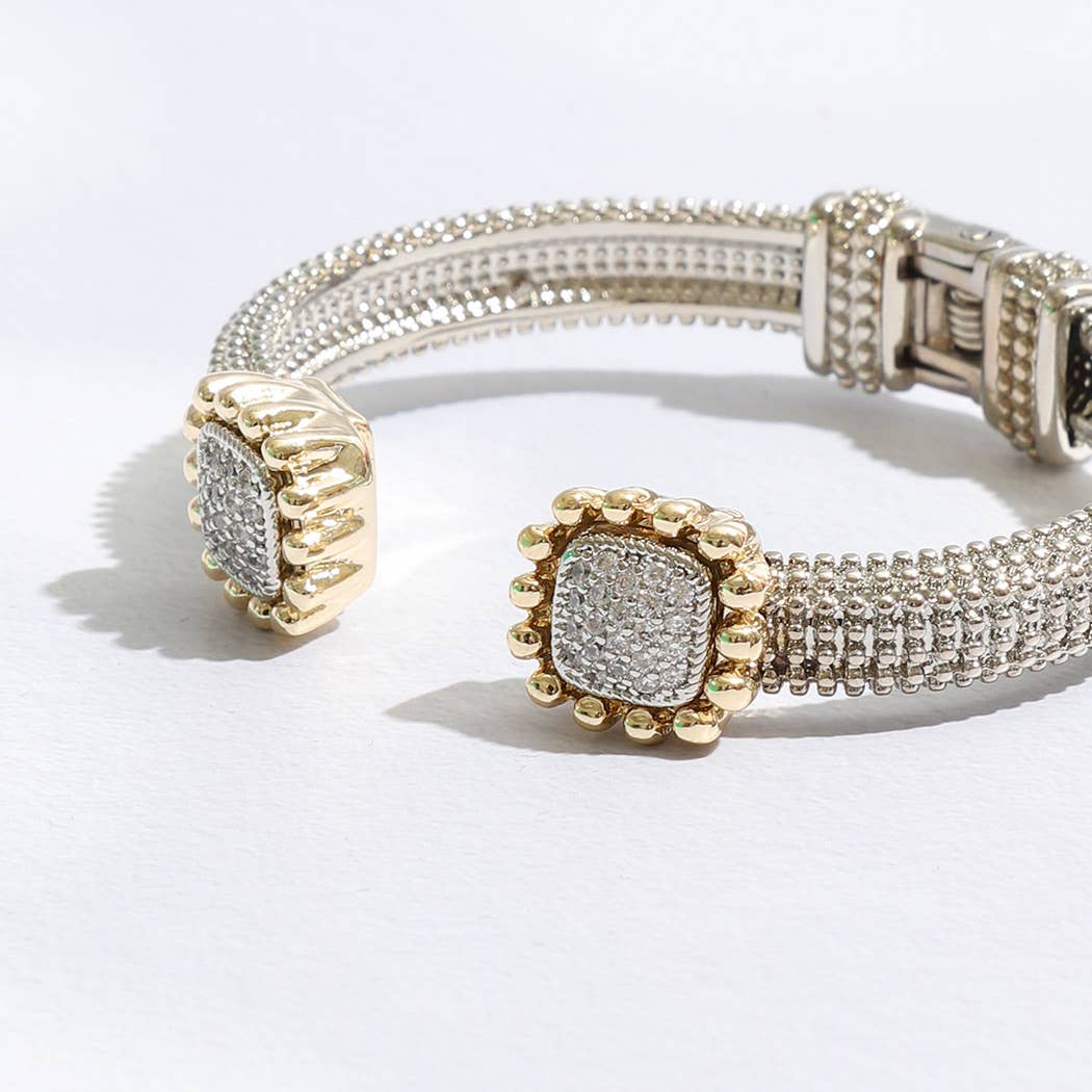 Two Tone Square Pave Edge Cuff Bangle Bracelet