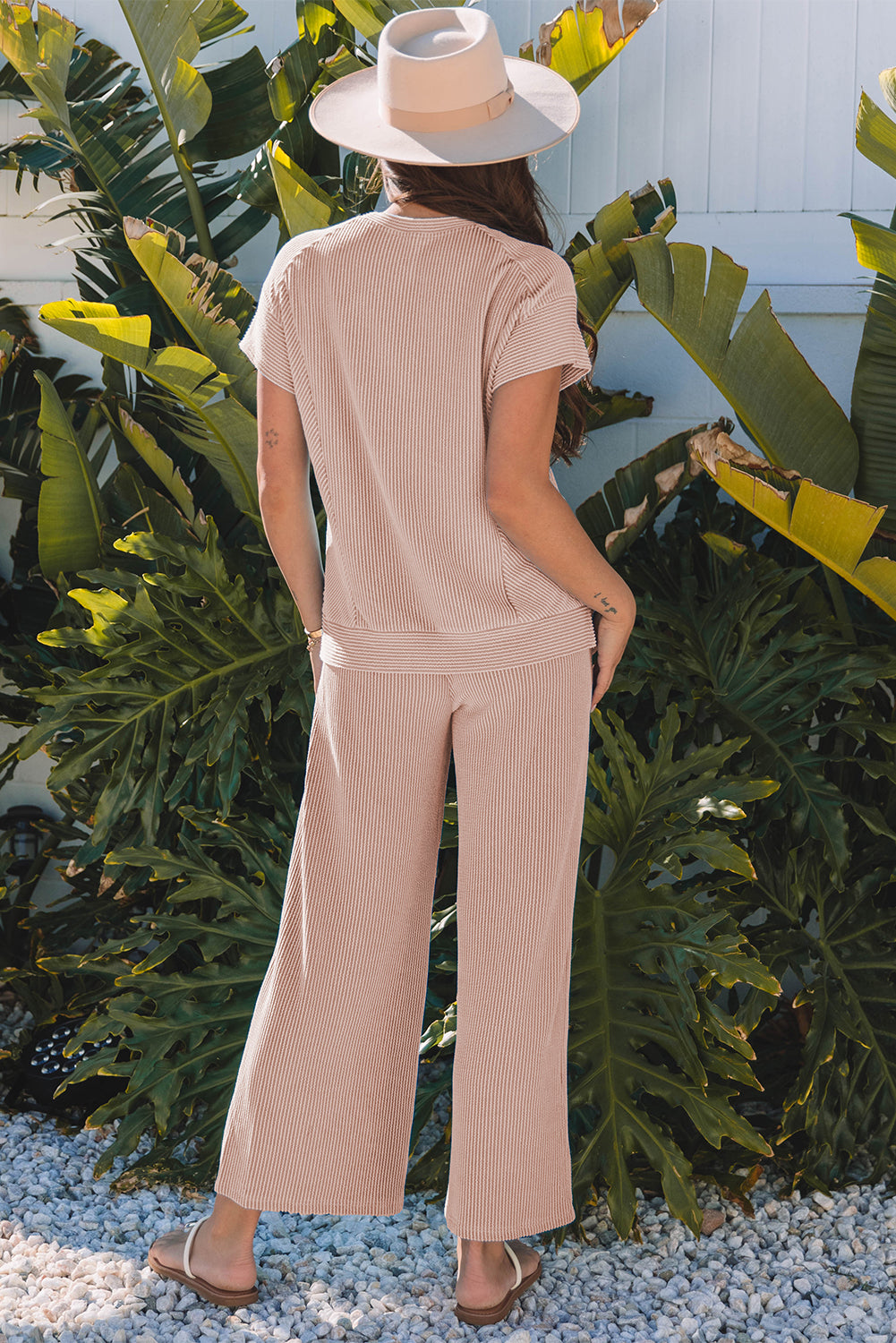 Beige Solid Corded Knit Short Sleeve T Shirt and Wide Leg Pants Set