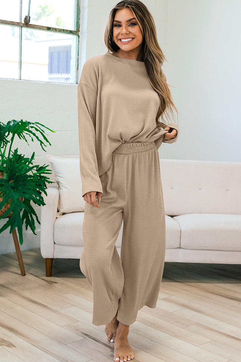 Khaki Waffle Loose Textured Pullover and Pants Outfit