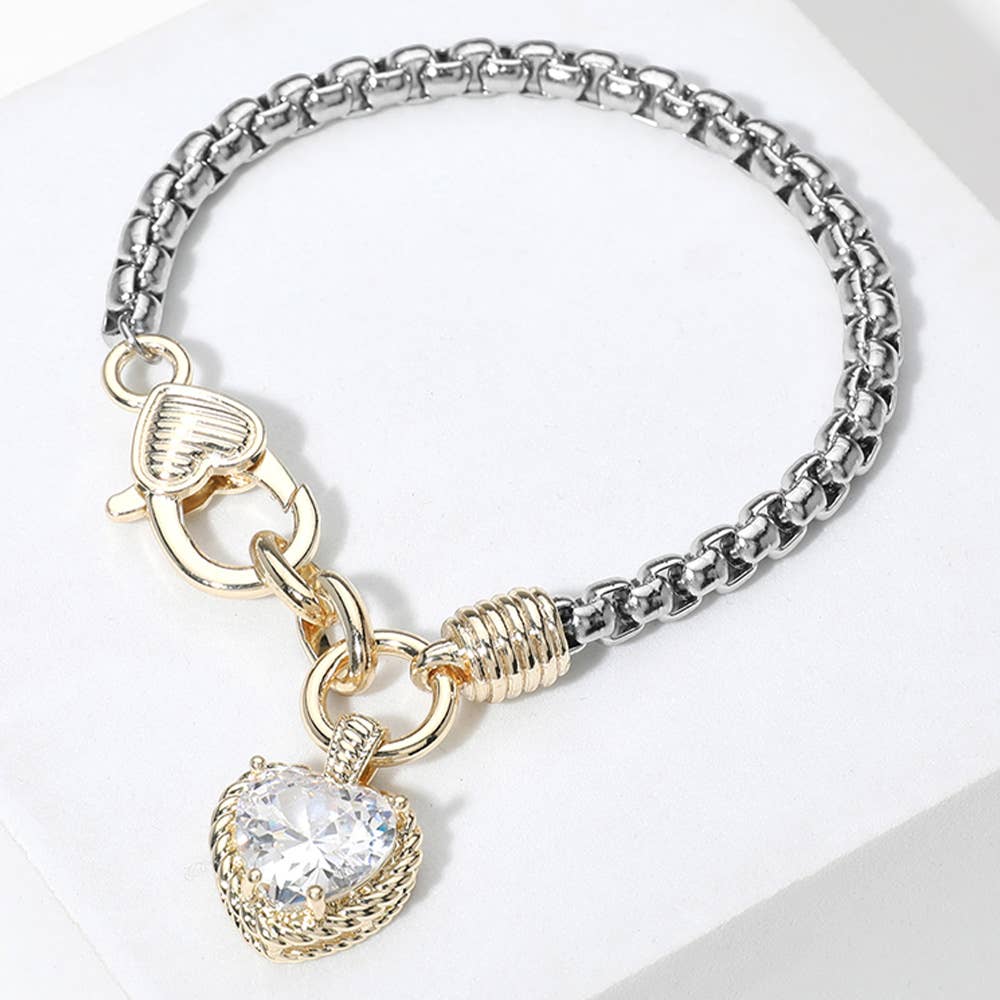 Two Tone Stone Heart Charm Bracelet