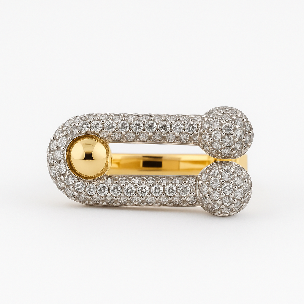 Safety Pin Pavé Statement Ring – Modern Crystal Gold Band
