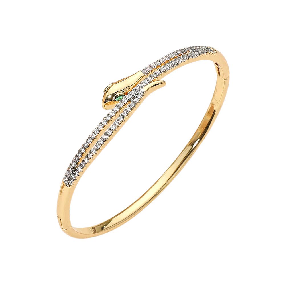 Stainless Steel Rhinestone Pave Sleek Snake Hinged Bangle Bracelet