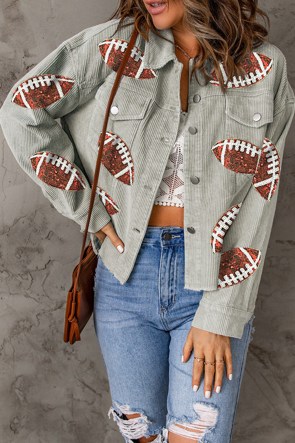 Grey Sequined Football Patch Ribbed Cotton Jacket