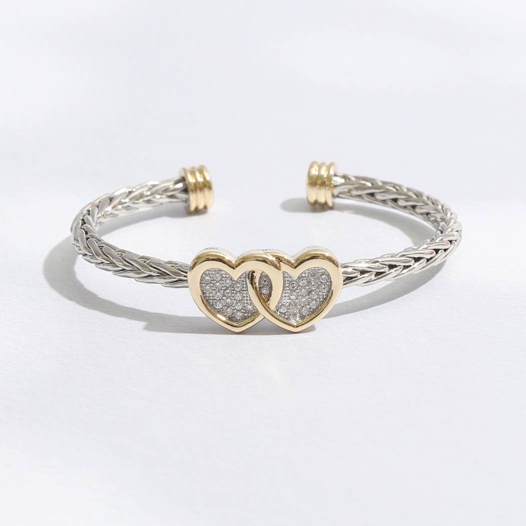 Two Heart Pave Braided Bangle Bracelet