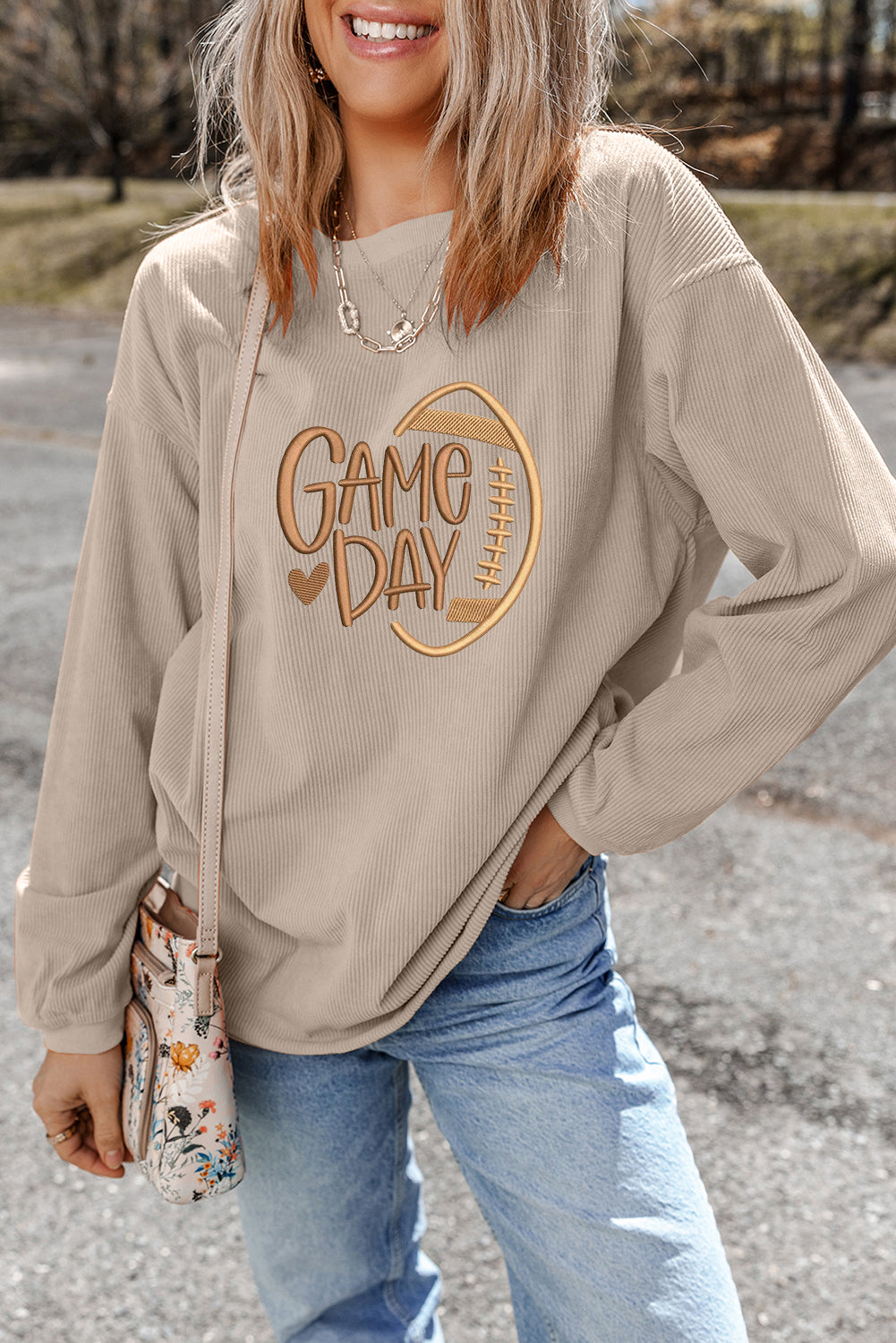 Tan Twisted Rib Texture Game Day Football Embroidered Baggy Sweatshirt