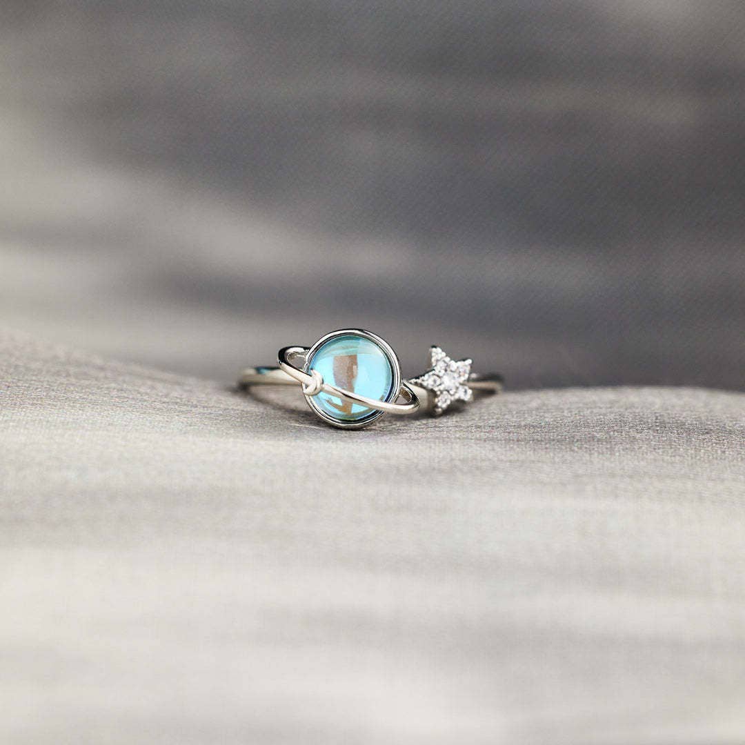 Blue Aurora Planet Saturn Star Open Ring in Solid Copper