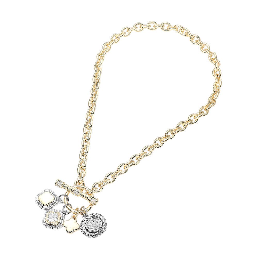 14K Gold Plated Two Tone Quatrefoil Oval Multi Charm Toggle Necklace