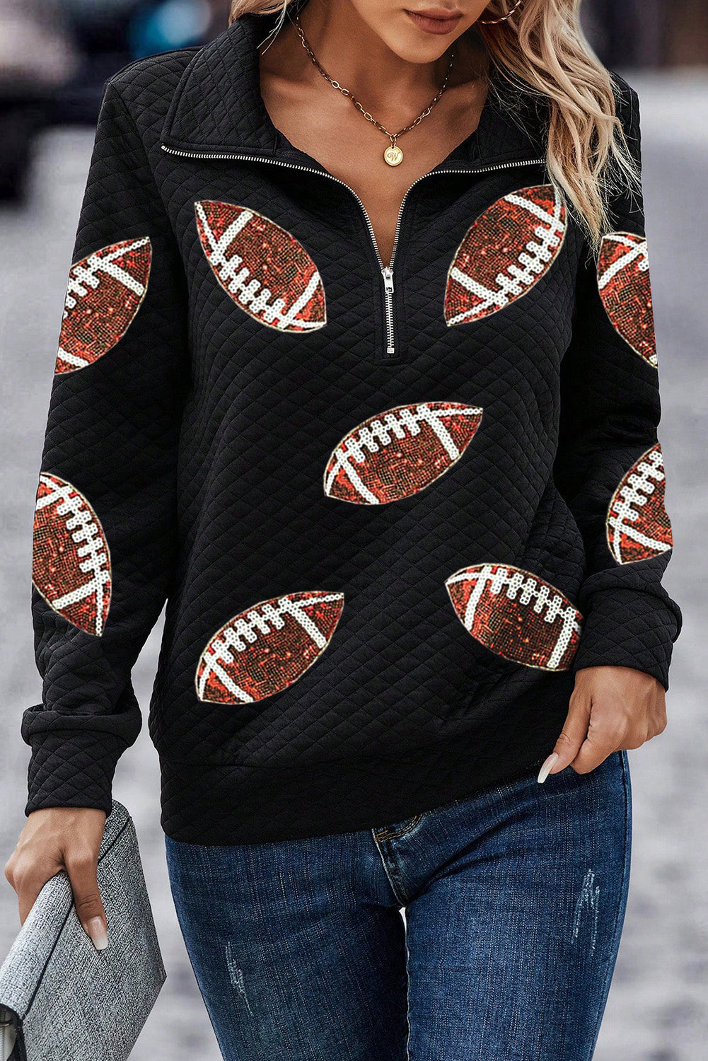 Black Sequin Football Patched Quarter Zip Textured Sweatshirt