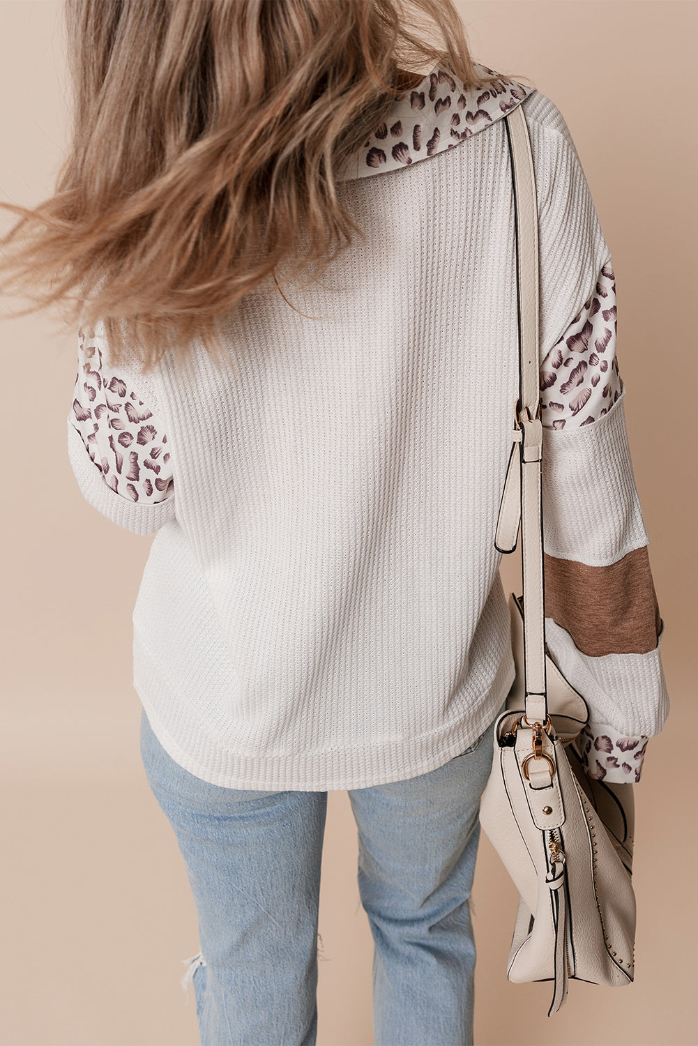 White Game Day Bow Embroidered Graphic Leopard Collar Color Block Patchwork Top