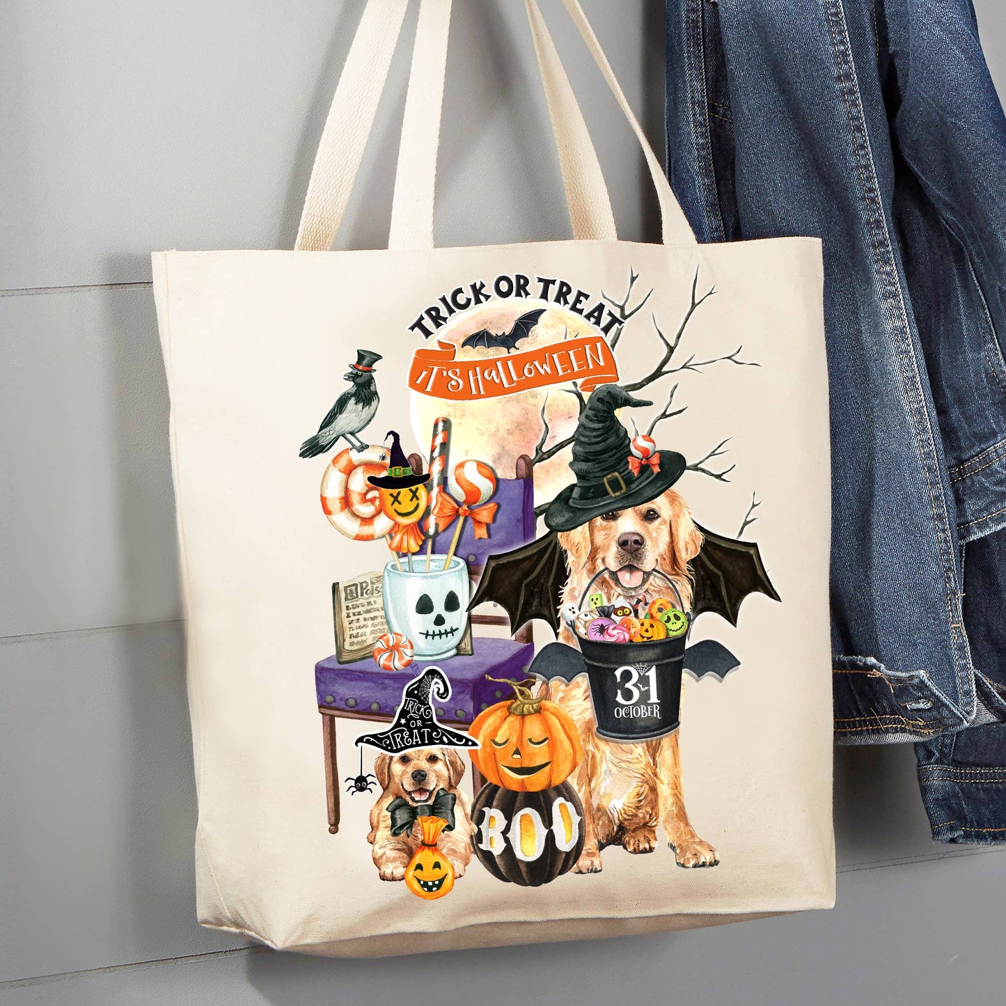Halloween Dog Lover Trick or Treat 12 oz Canvas Tote Bag