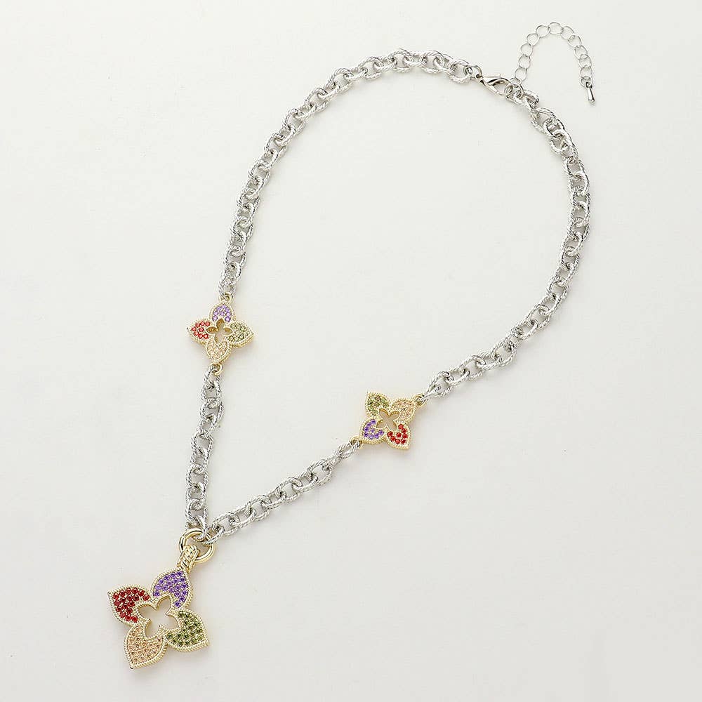 14K Gold Plated Paved Clover Pendant Station Necklace