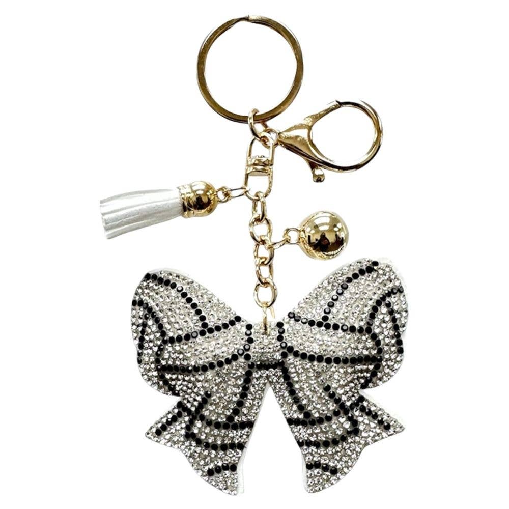 RHINESTONE VOLLEYBALL WHITE BOW BAG CHARM KEYCHAIN