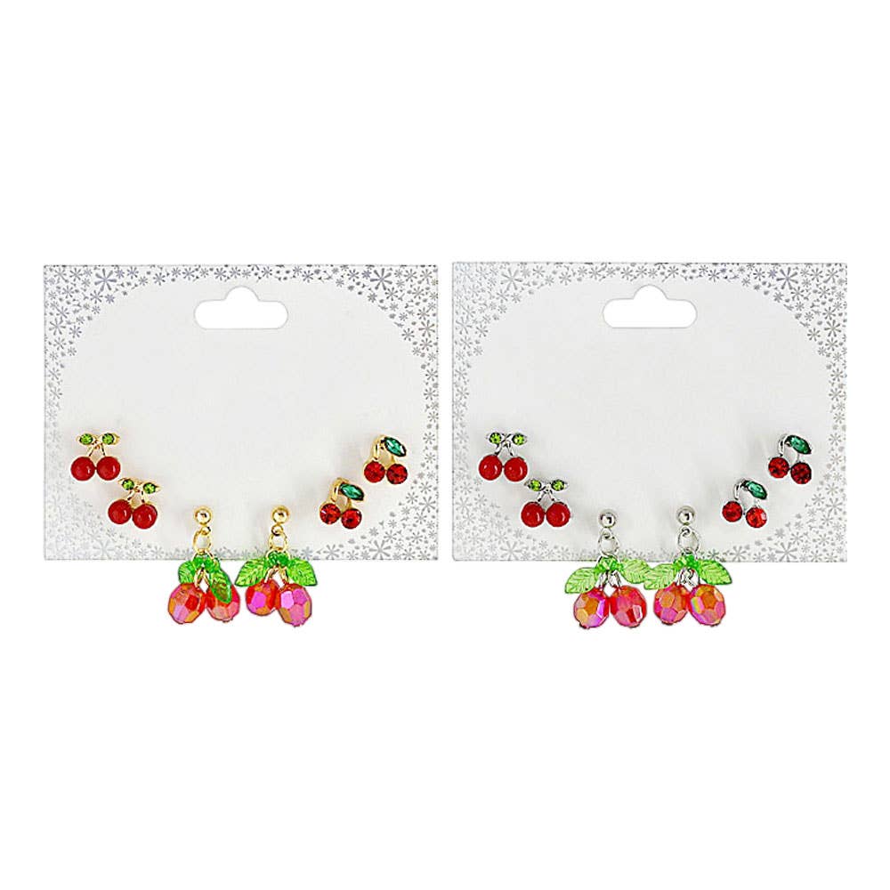SET OF 3 - Cherry Stud Dangle Earring Set