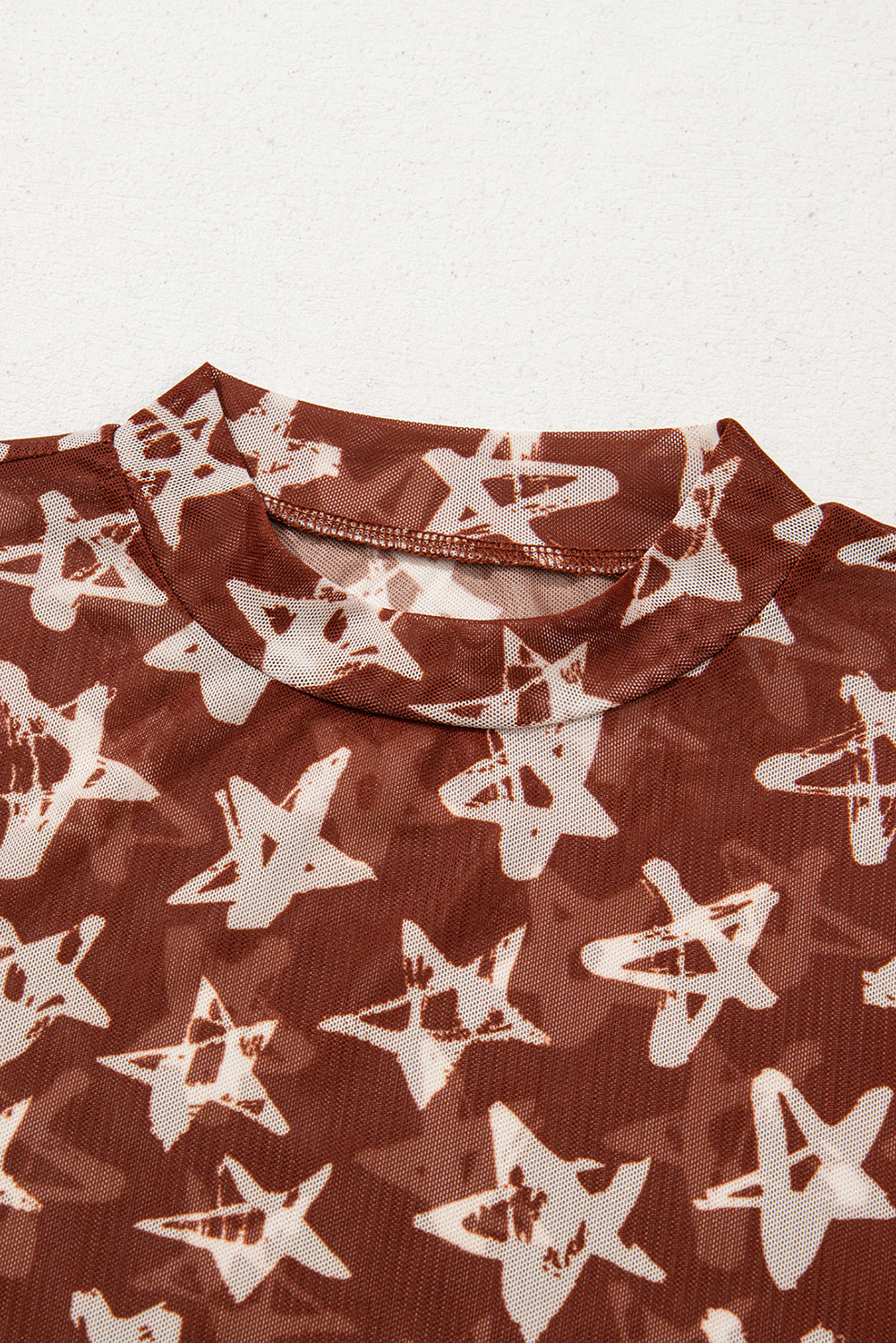 Red Mesh Star Print Mock Neck Sheath Long Sleeve Top