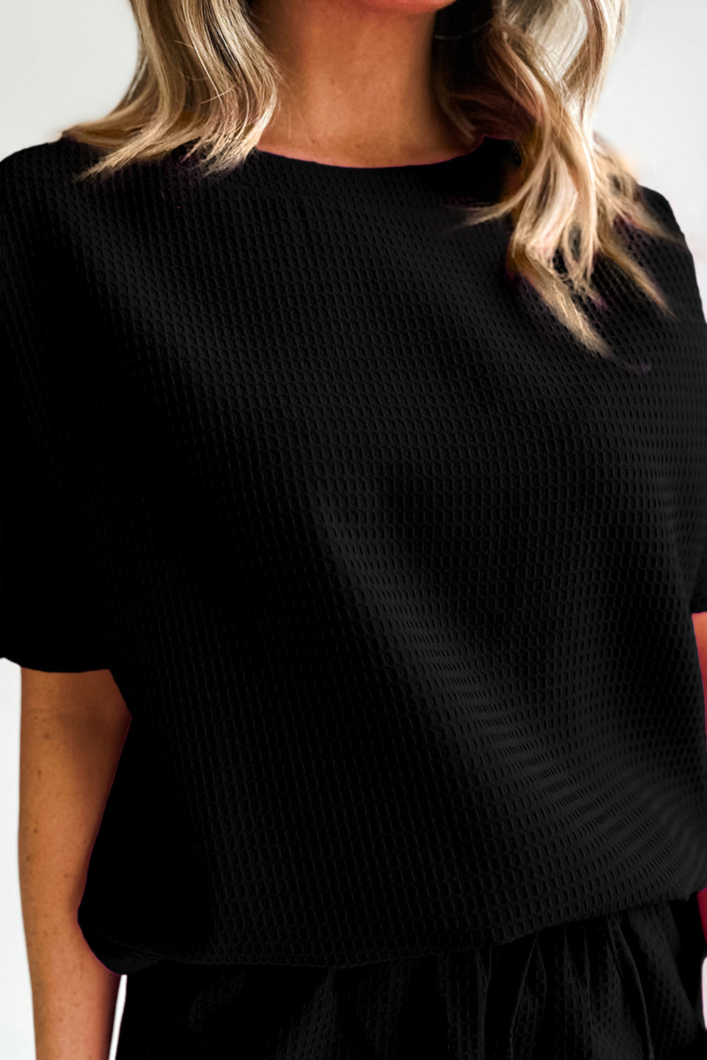 Black Casual Waffle Textured Tee and Drawstring Shorts Set