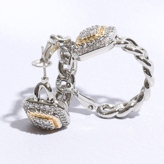 Square Pave 2T Hoop Earrings