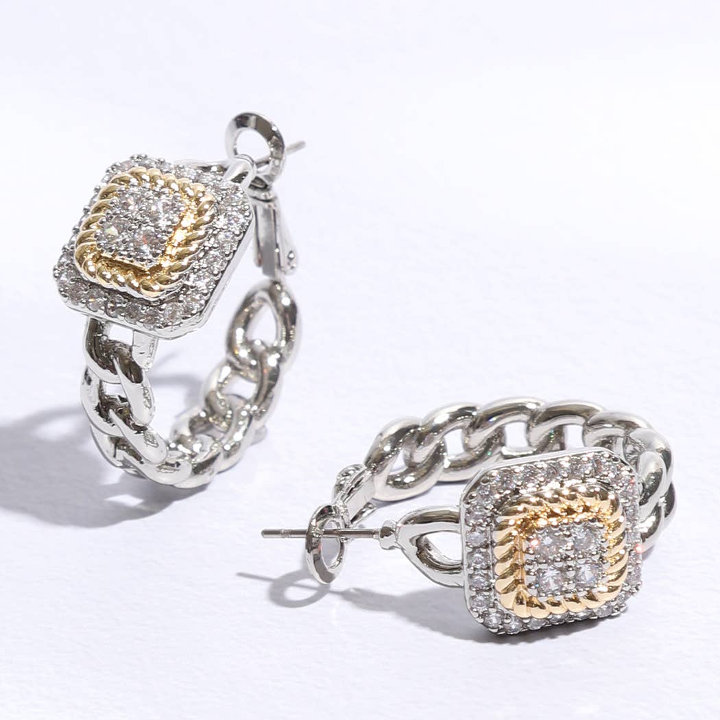 Square Pave 2T Hoop Earrings