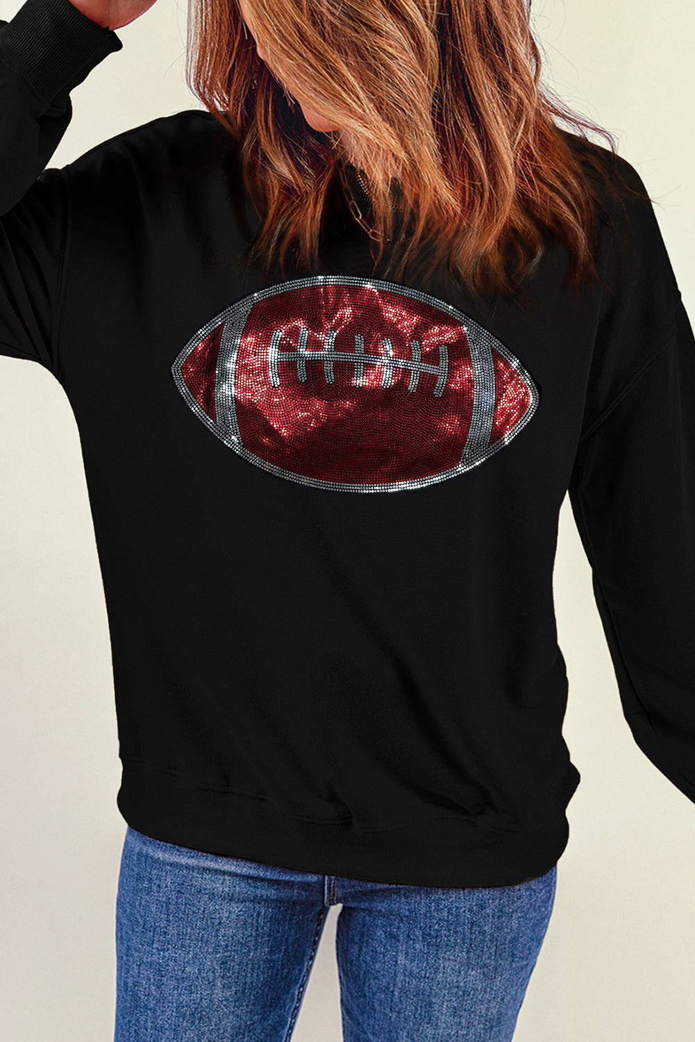 Black Rhinestone Football Pattern Crew Neck Pullover Sweatshirt