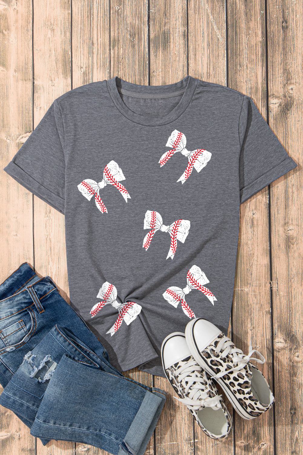 Gray Baseball Bow Knot Print Crewneck Casual T Shirt