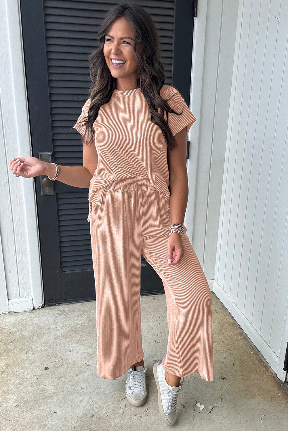 Beige Solid Corded Knit Short Sleeve T Shirt and Wide Leg Pants Set