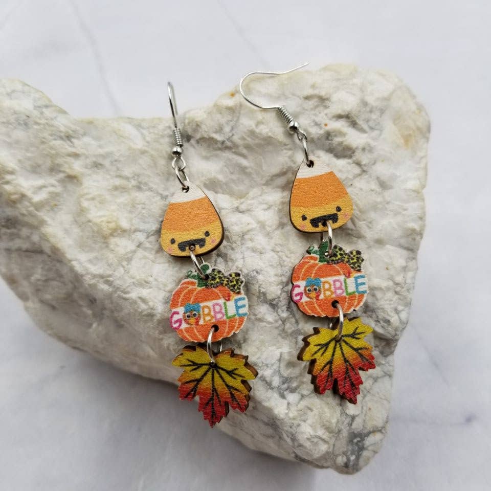 GOBBLE Pumpkin & Maple Leaves Wood Earrings