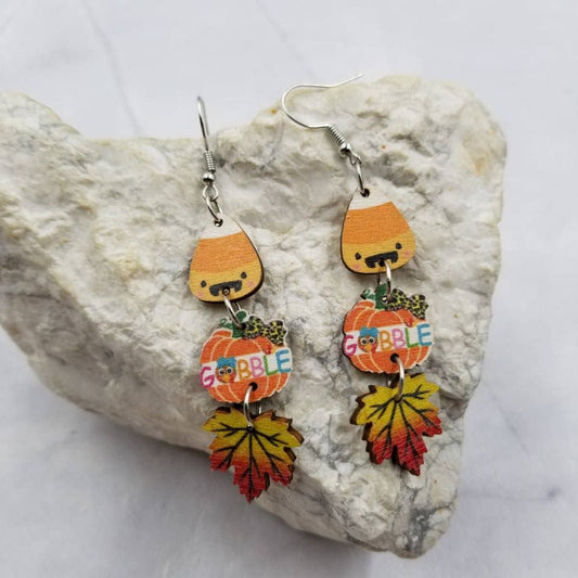 GOBBLE Pumpkin & Maple Leaves Wood Earrings