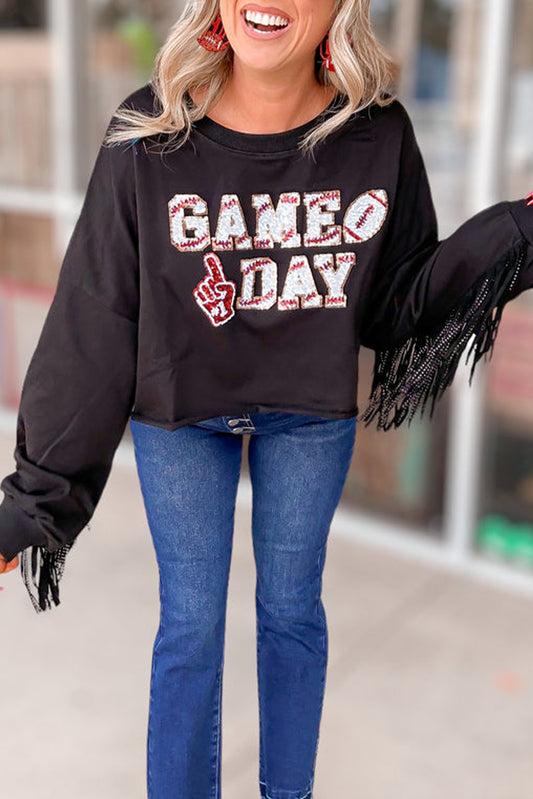 Black GAME DAY Football Sequined Tasseled Cropped Sweatshirt
