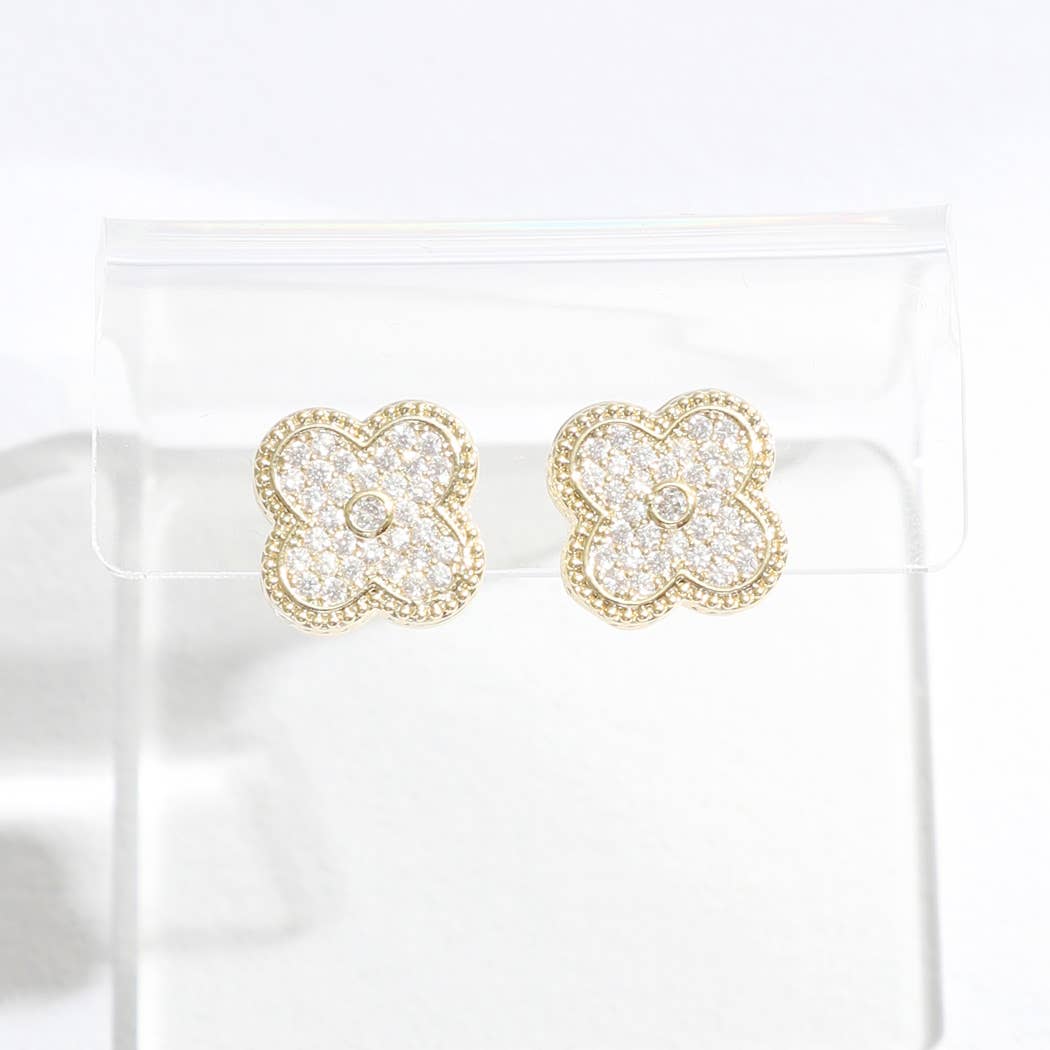 Gold Tone Outline Pave Clover Post Earrings