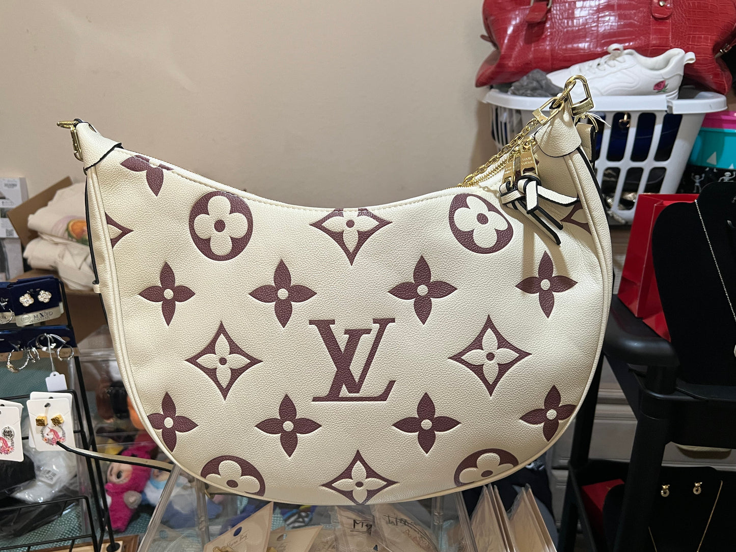Cream Half Moon Large Purse with Monogram Detail