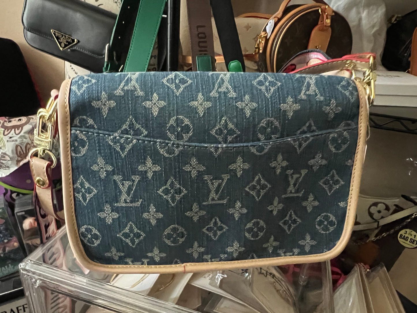 3-Piece Denim Monogram Crossbody Set – Bag, Wallet & Scarf