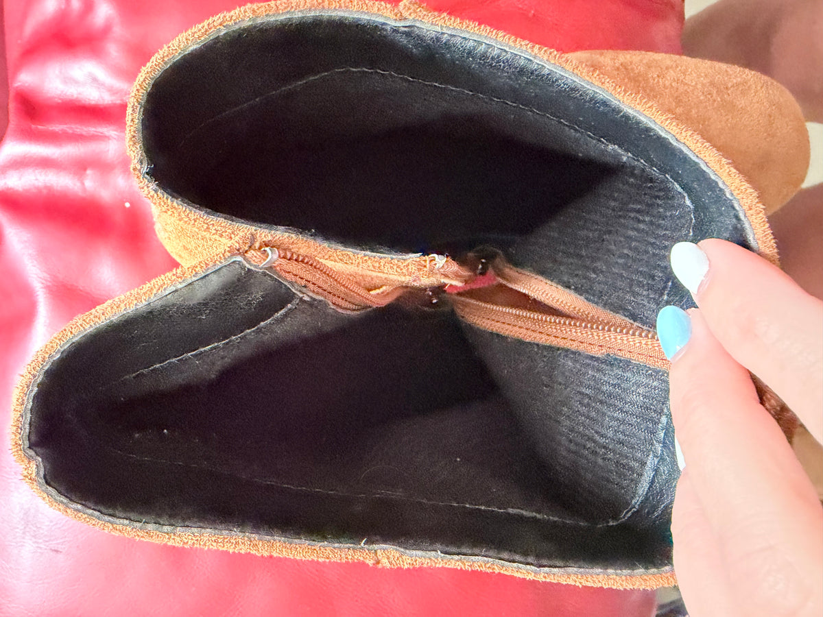 Cognac Brown Faux Suede Ankle Booties Block Heel Side Zip Size EU 41 / US 10