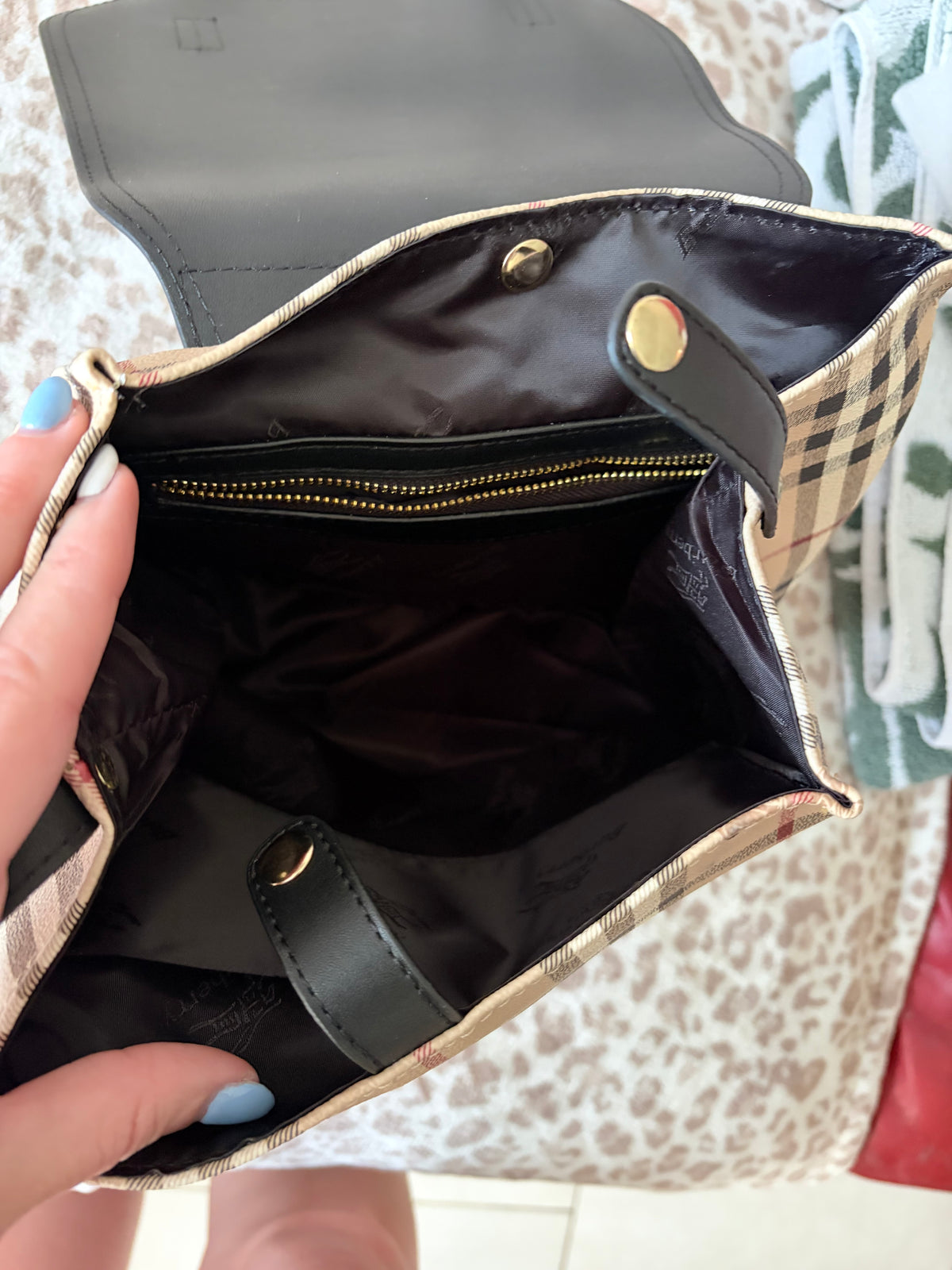 Beige Plaid Mini Backpack with Black Flap