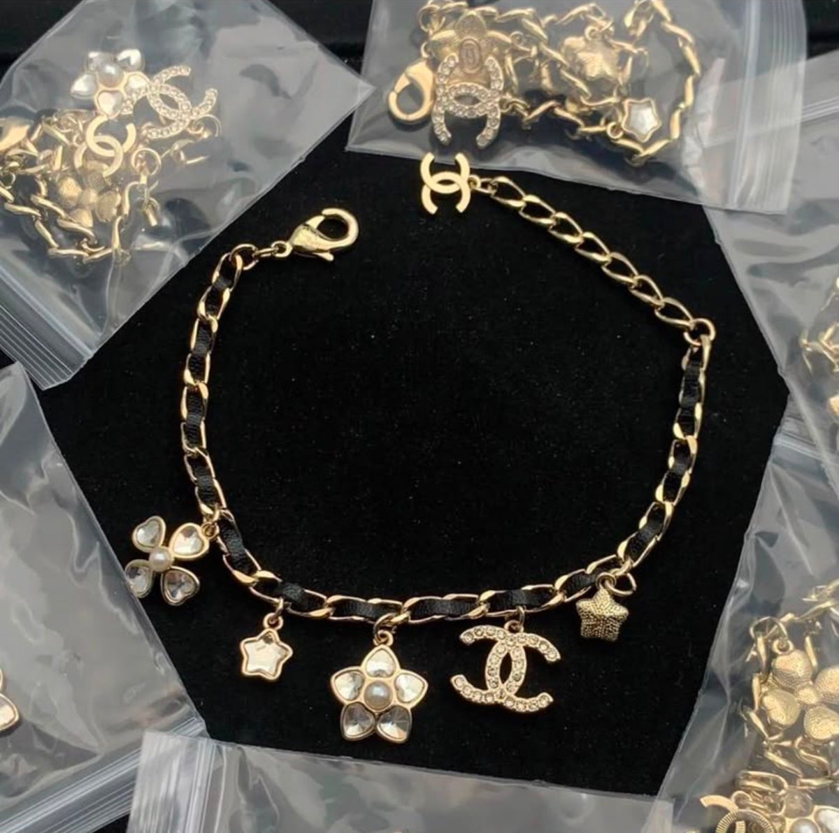 Gold Tone Black Chain Floral Charm Bracelet