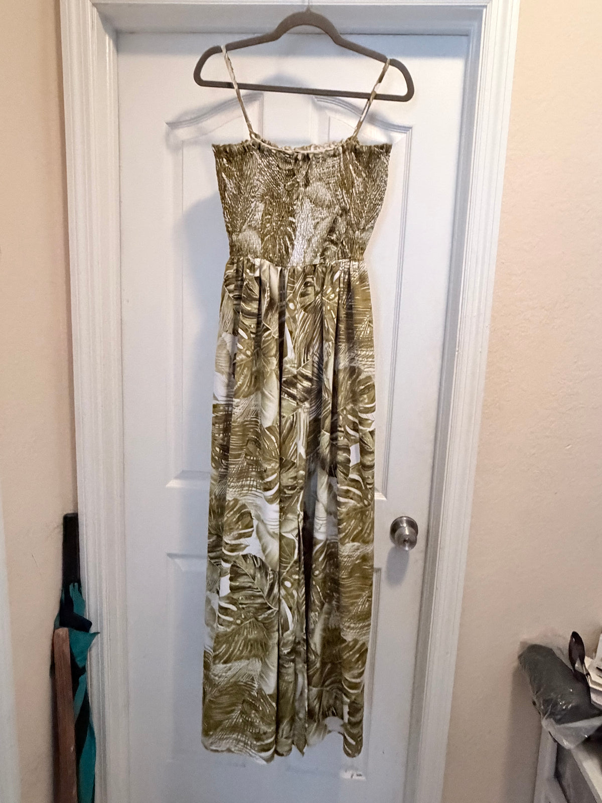 SHEIN Olive Green Tropical Print Smocked Maxi Dress L