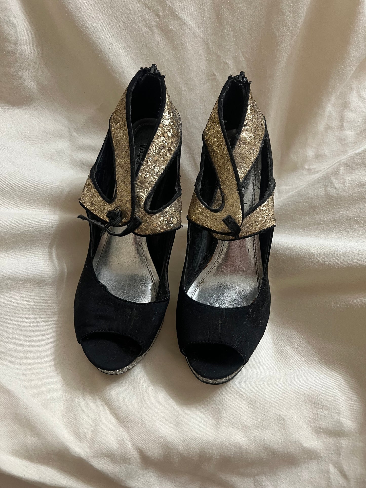 Black Faux Suede with Gold & Silver Glitter Accents Heels