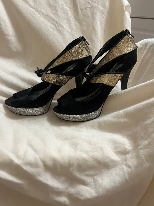 Black Faux Suede with Gold & Silver Glitter Accents Heels