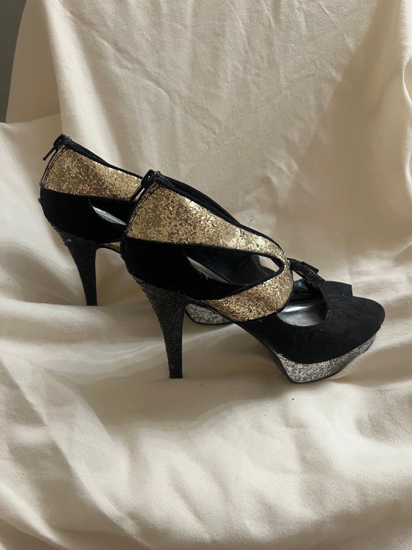 Black Faux Suede with Gold & Silver Glitter Accents Heels