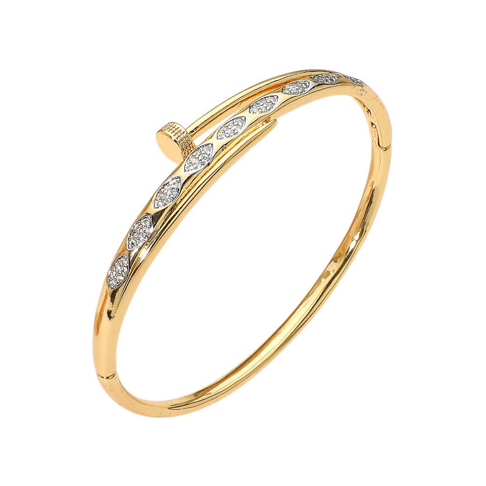 Stainless Steel Rhinestone Pave Marquise Accent Nailhead Hinged Bangle Bracelet