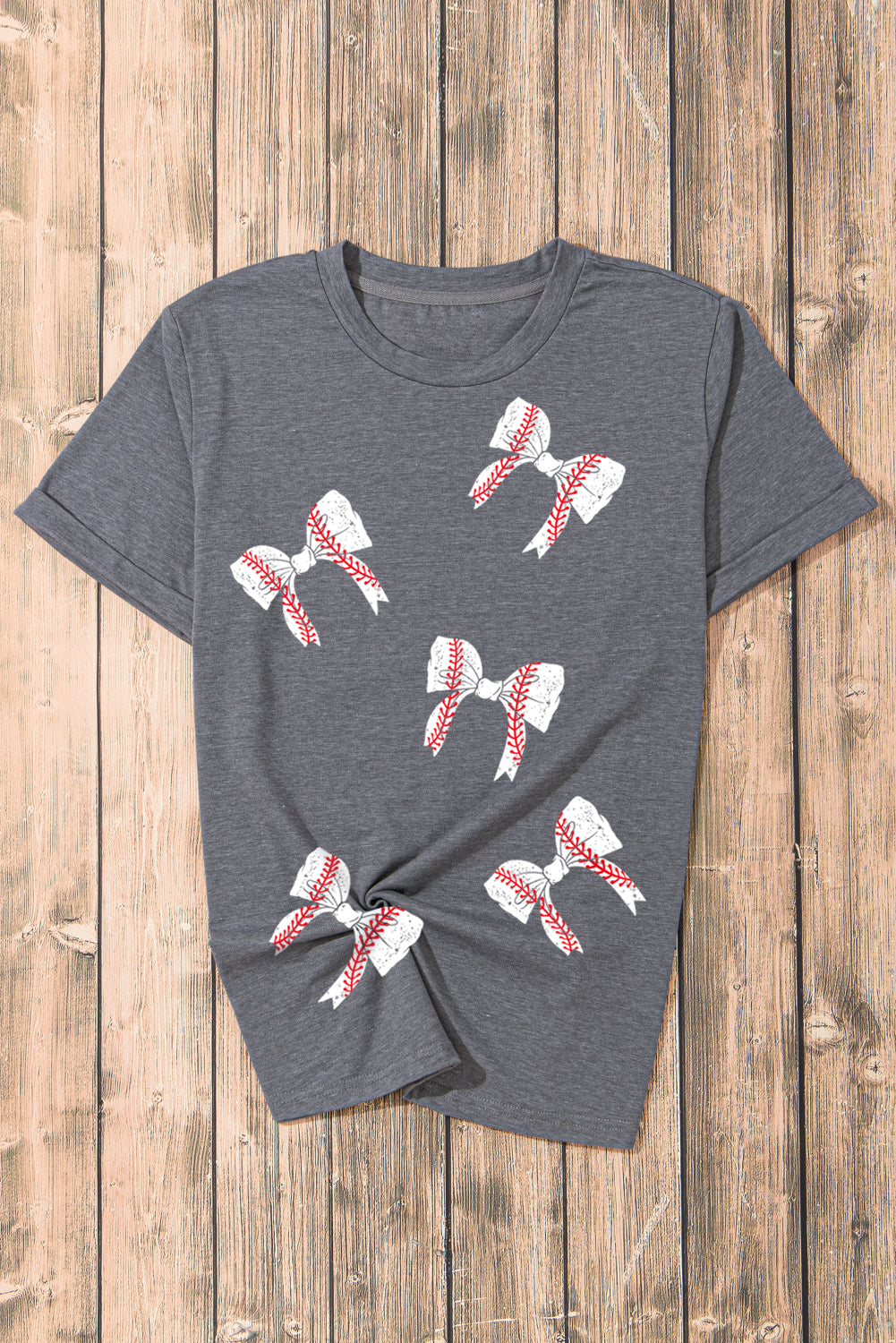 Gray Baseball Bow Knot Print Crewneck Casual T Shirt