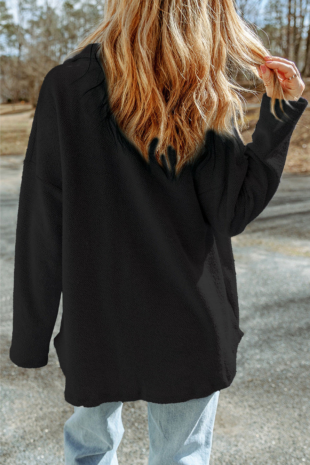 Black Sequined FootballFlap Pockets Buttoned Shacket