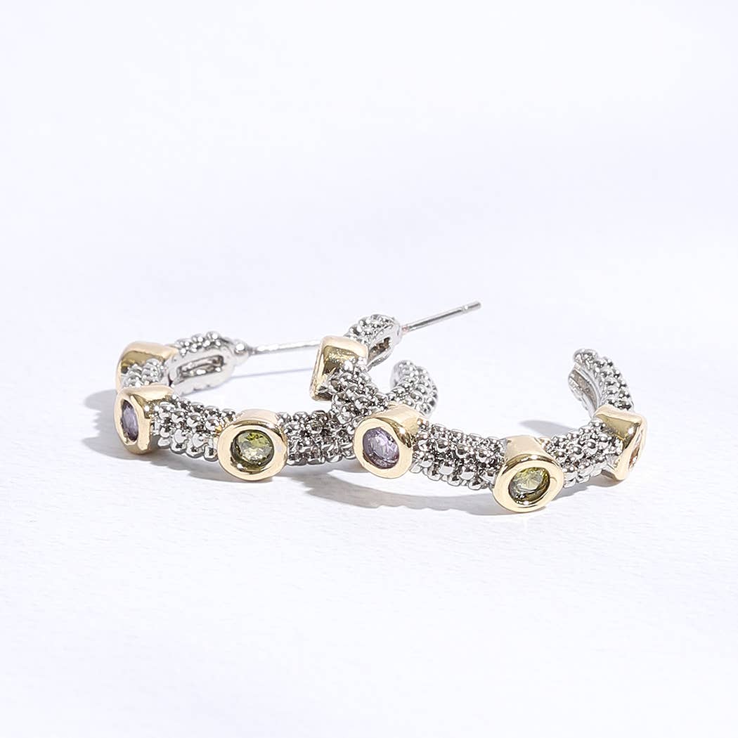 Stones Gold Pointed Silver Hoop Post Earring