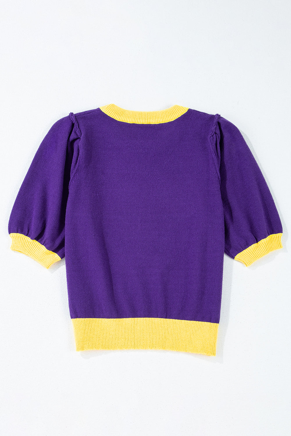 Purple Sequin Football Color Block Puff Short Sleeve Sweater