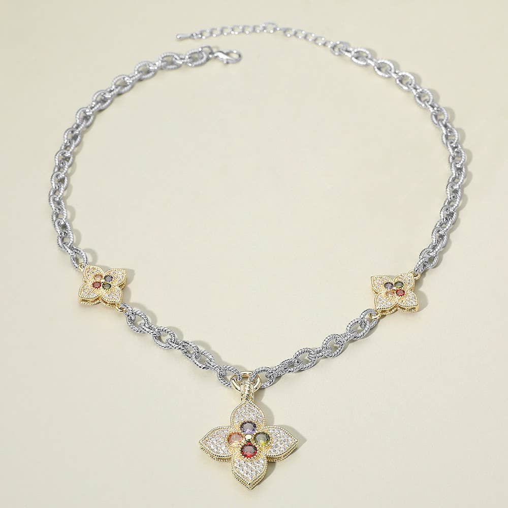 14K Gold Plated Stone Embellished Clover Pendant Station Necklace