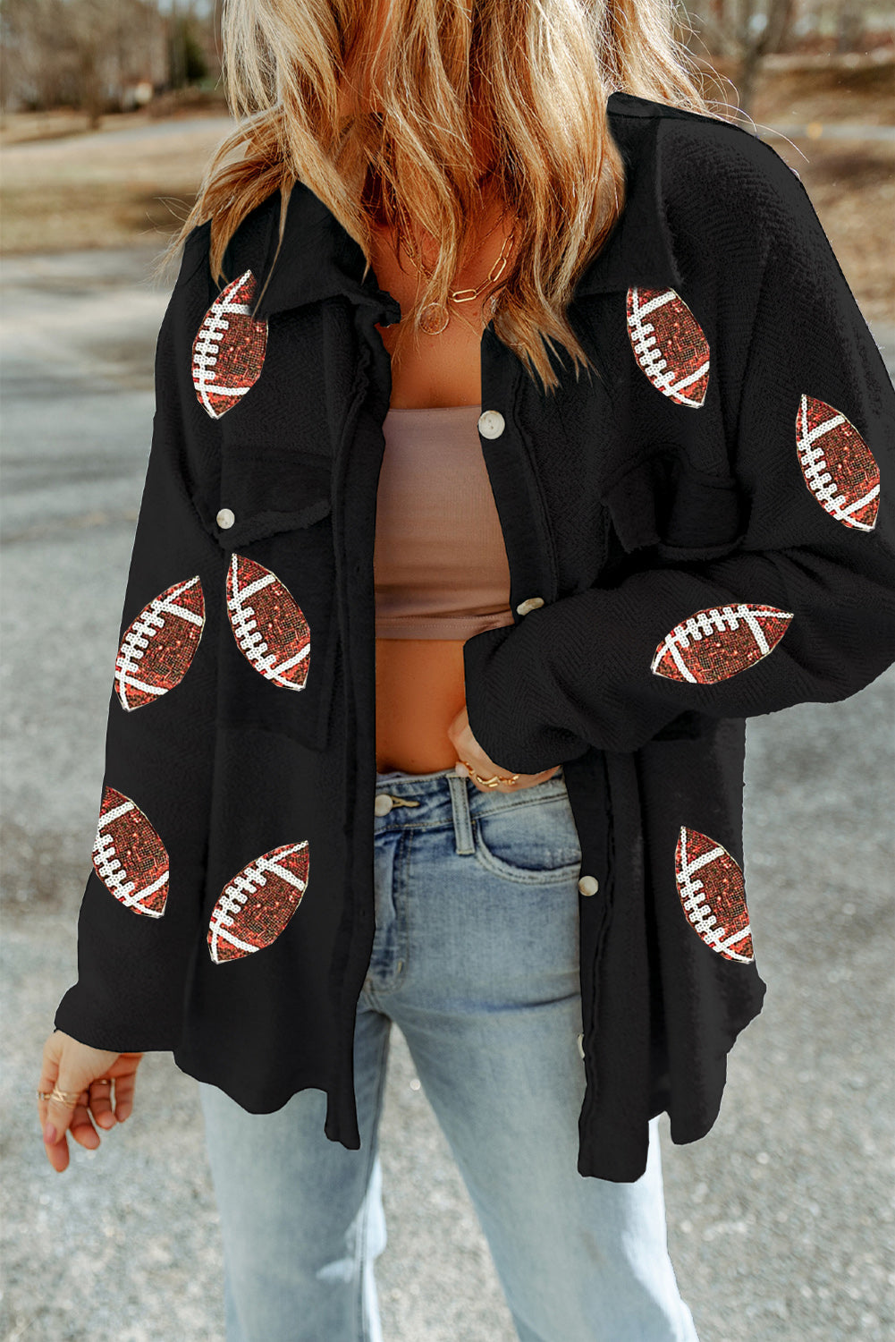 Black Sequined FootballFlap Pockets Buttoned Shacket