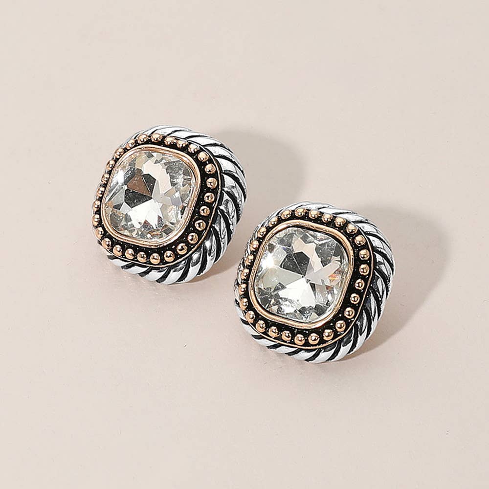 Bold Square Stone Centered Two Tone Metal Sud Earrings