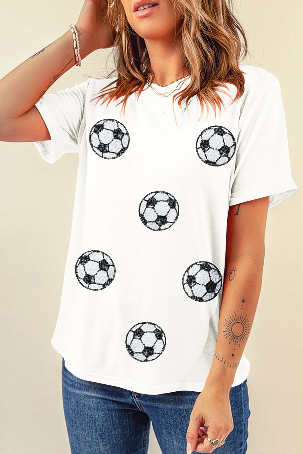 White Sequin Soccer Patched Graphic Game Day T Shirt