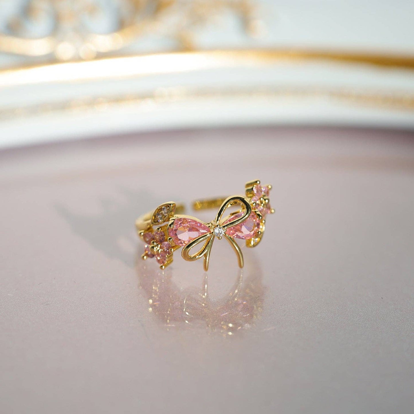 Pink Bow Knot Flower Leaf Adjustable Ring in Solid Copper