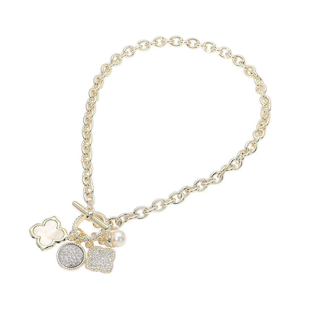 14K Gold Plated Pave Quatrefoil Pearl Floral Charm Pendant Toggle Necklace