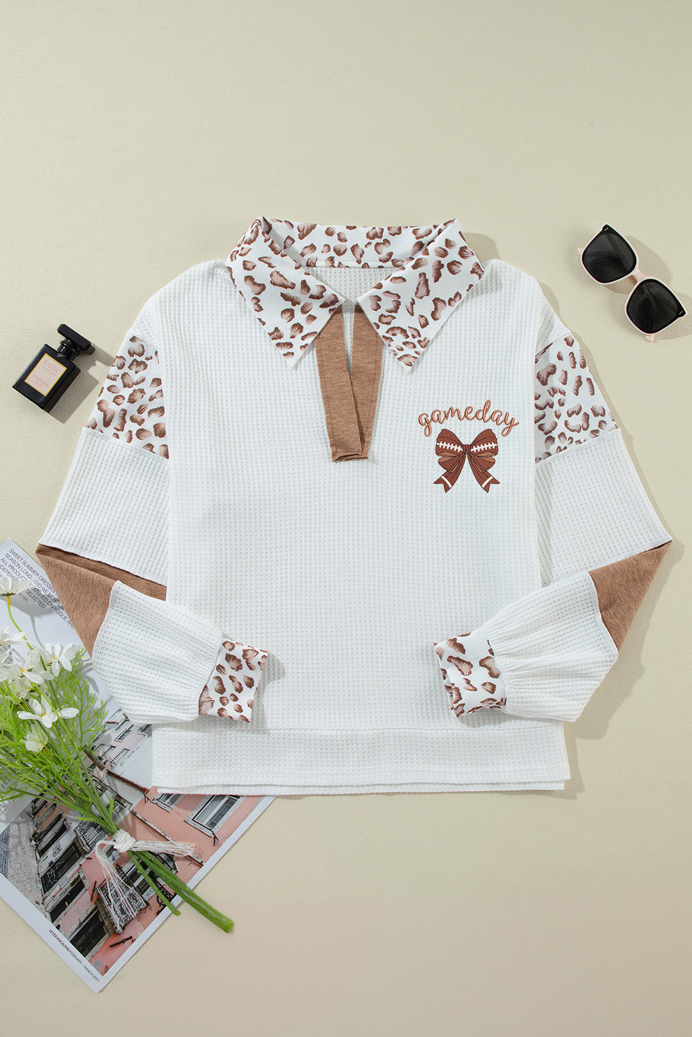 White Game Day Bow Embroidered Graphic Leopard Collar Color Block Patchwork Top